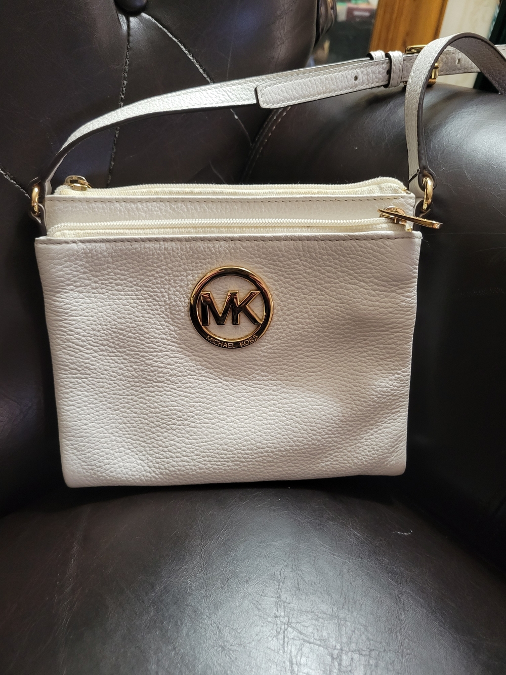 Michael Kors White Pebbled Leather Crossbody with Gold MK Medallion